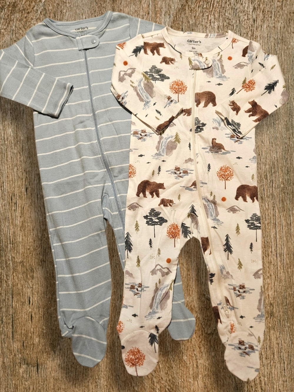 Carter's Boys Two-Pack Footed Sleepers - Light Blue Stripe & Cream Bear Trail